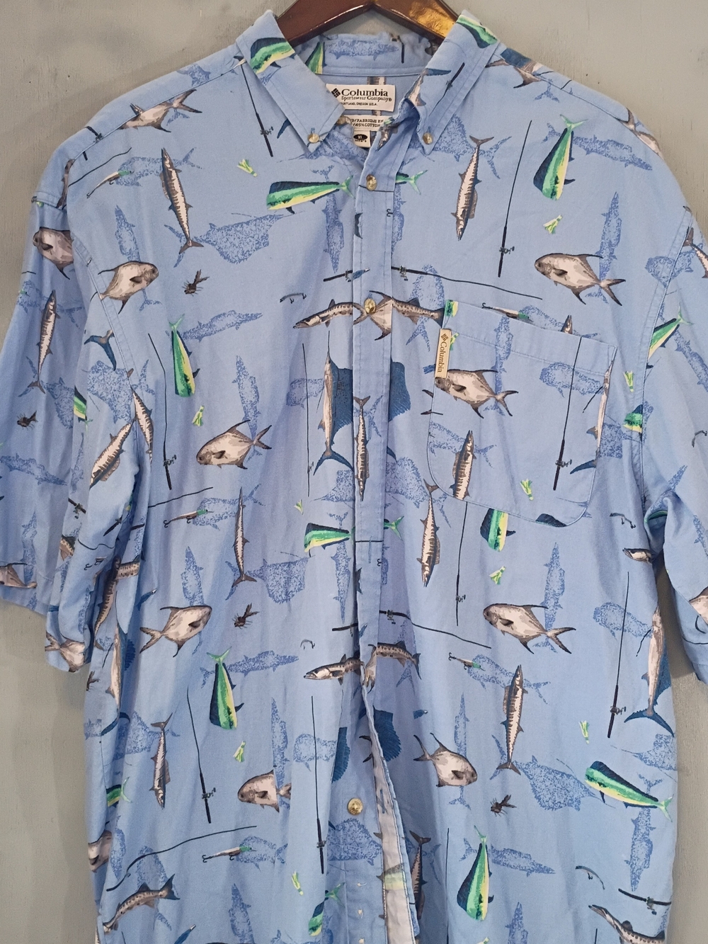 Columbia Light Blue Fishing Print Short Sleeve Button-Up Shirt
